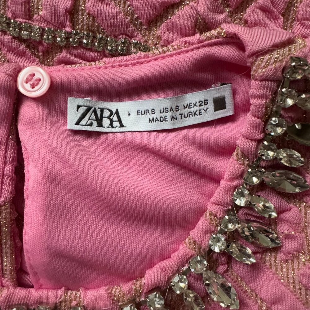 Zara Bubblegum Pink Metallic Textured Jeweled Sleeveless S Mini Dress! - Picture 6 of 8